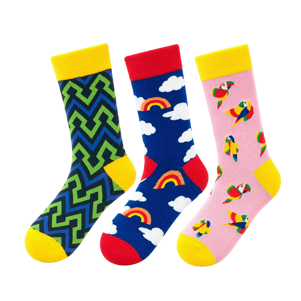 Three pairs of colorful crew socks displayed side by side on a white background. The left sock is navy and green with a geometric maze pattern, yellow cuff/toe/heel, and a yellow toe.