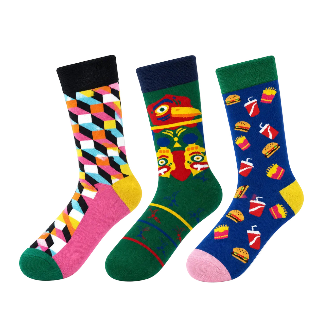 Three pairs of colorful novelty crew socks displayed side by side on a clean white background. The left sock features a geometric pattern in pink, yellow, black, white, and blue with a black cuff and green toe/heel.