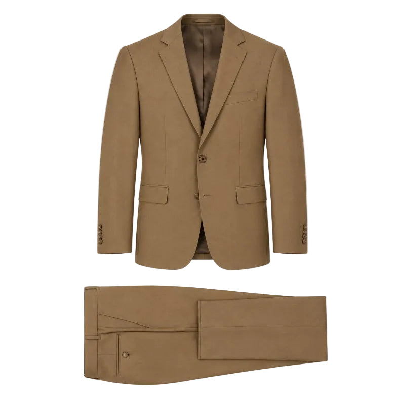 A men's two-piece suit in a warm camel brown color, featuring a single-breasted blazer with notch lapels and matching trousers, displayed against a solid light gray background.