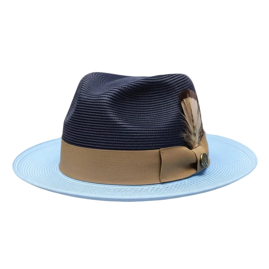 Navy straw hat with a light blue rim and brown band on a white background