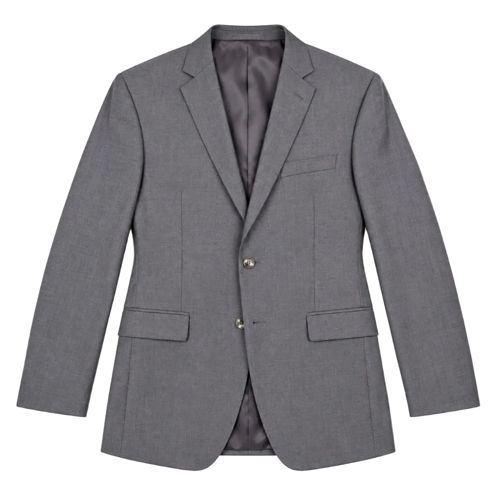A classic gray two-button blazer with notch lapels, shown flat against a solid white background.