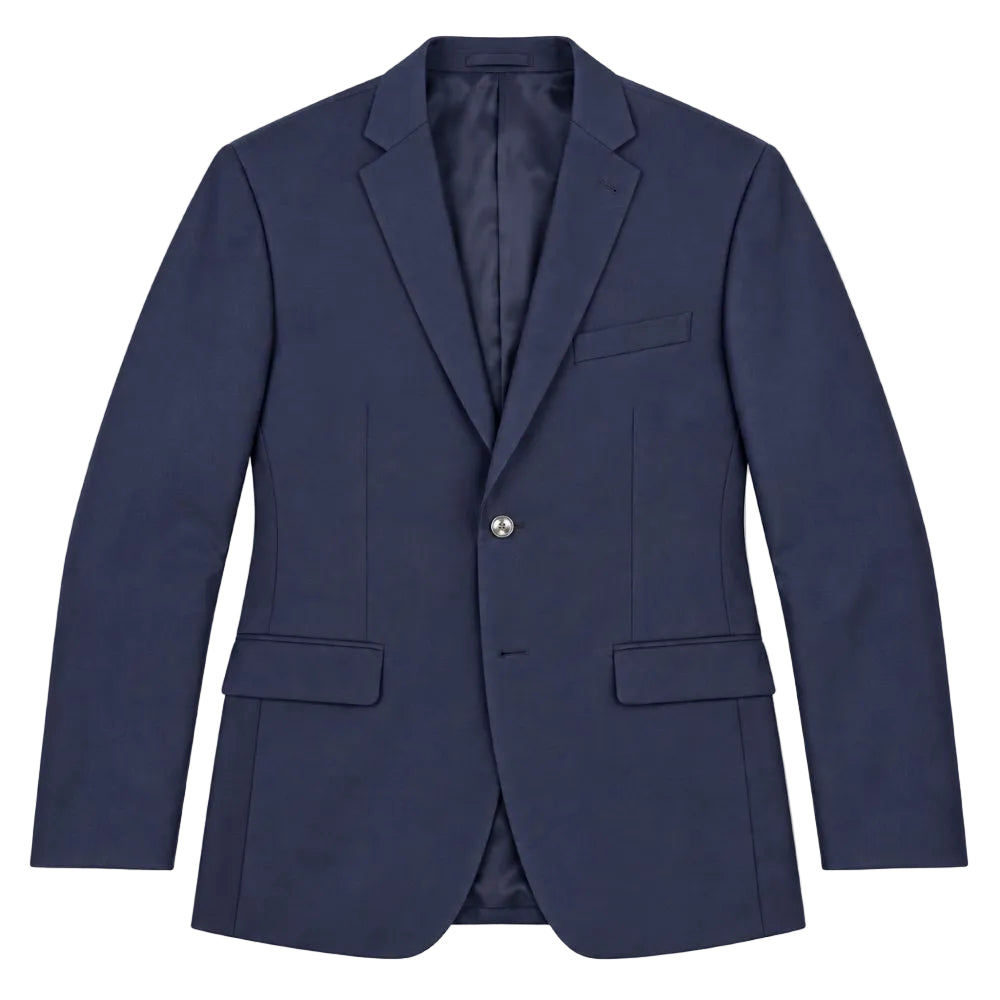 A navy blue single-breasted blazer jacket with notch lapels, a two-button closure, and flap pockets, shown against a plain white background.