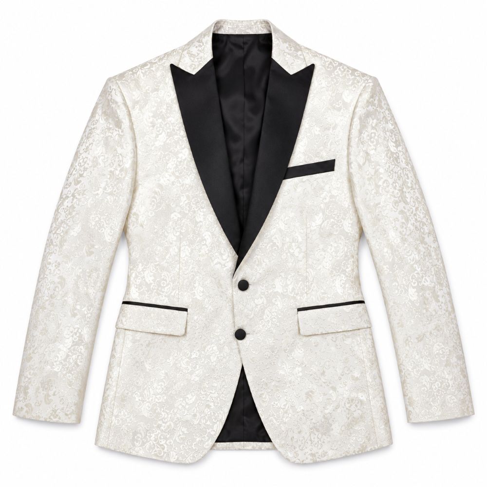 Blazer ivoire coupe classique pour homme à motif floral et revers noirs en pointe, vue de face