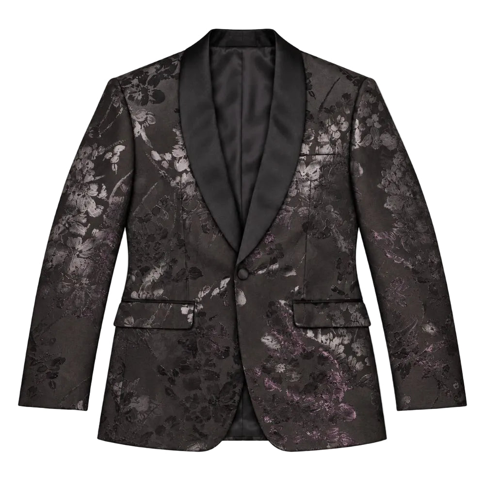 A men's single-breasted blazer with black satin shawl lapels and a dark brocade pattern featuring black, gray, and purple floral motifs, shown on a plain white background.