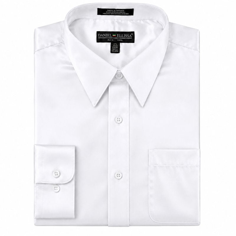 A folded white long-sleeve dress shirt with a pointed collar, button front, and a chest pocket, shown on a plain white background. The neck label reads Daniel Ellensa.