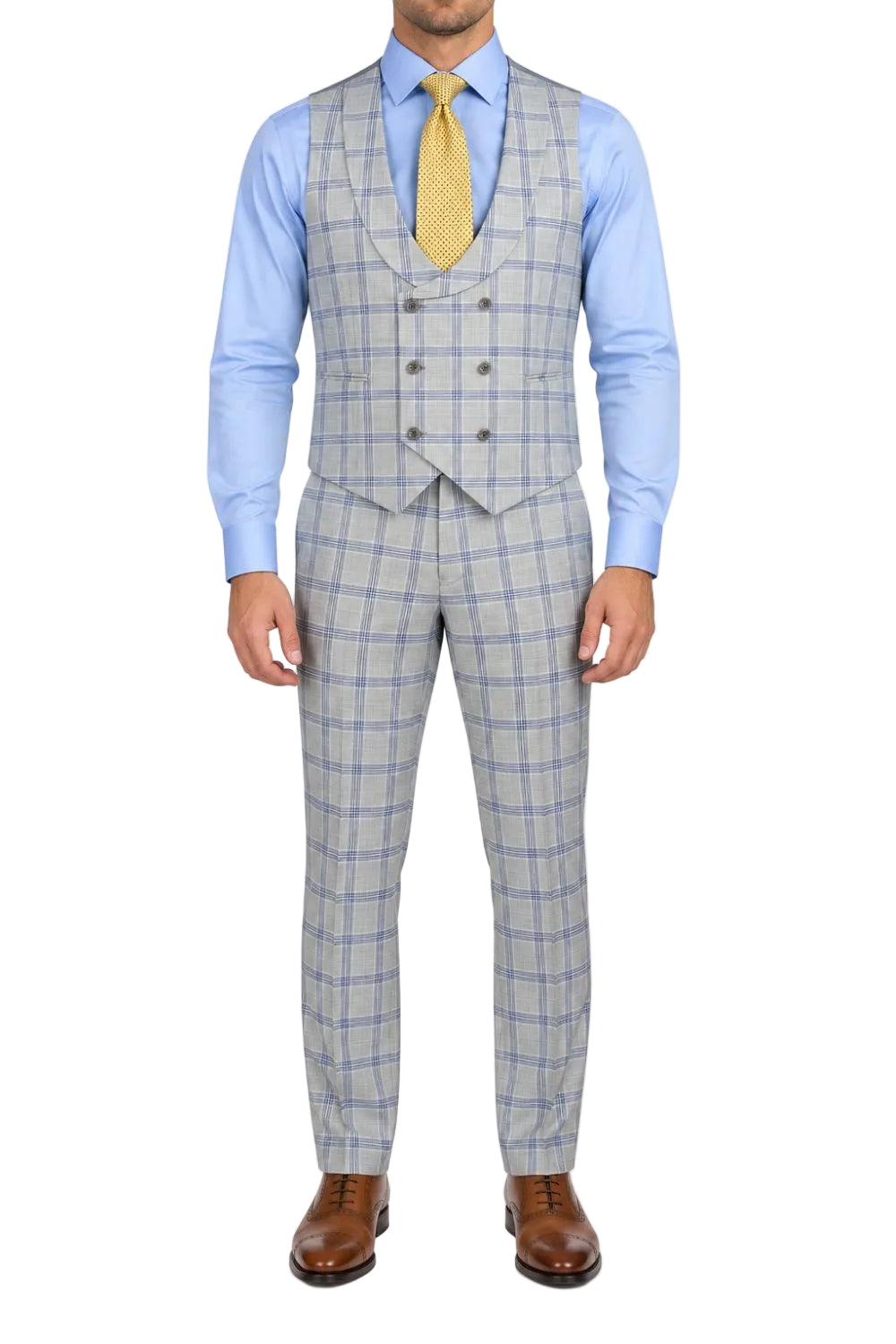 A man wearing a light blue and gray plaid three-piece suit with a matching vest and trousers, a light blue dress shirt, a yellow tie, and brown leather dress shoes, shown against a plain white background.