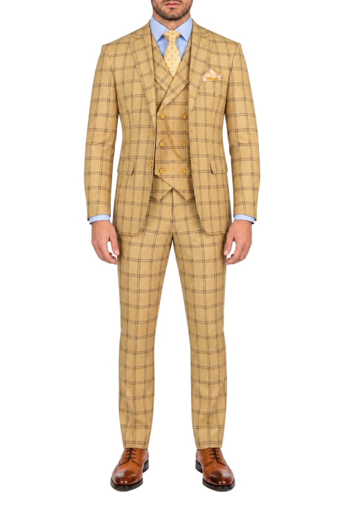 Men's tan modern-fit three-piece windowpane suit, front view