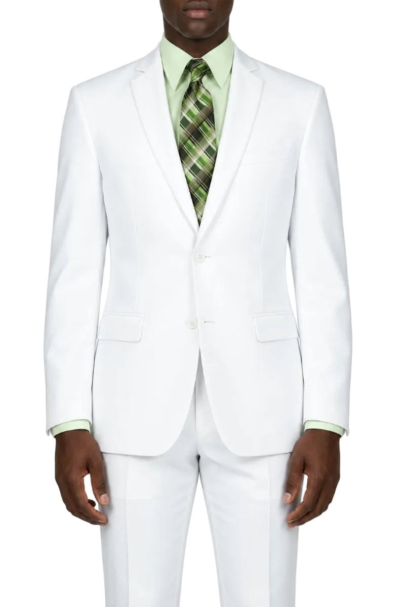 A man wearing a white two-piece suit with a light green dress shirt and a green and black plaid tie, shown from the neck down against a plain white background.
