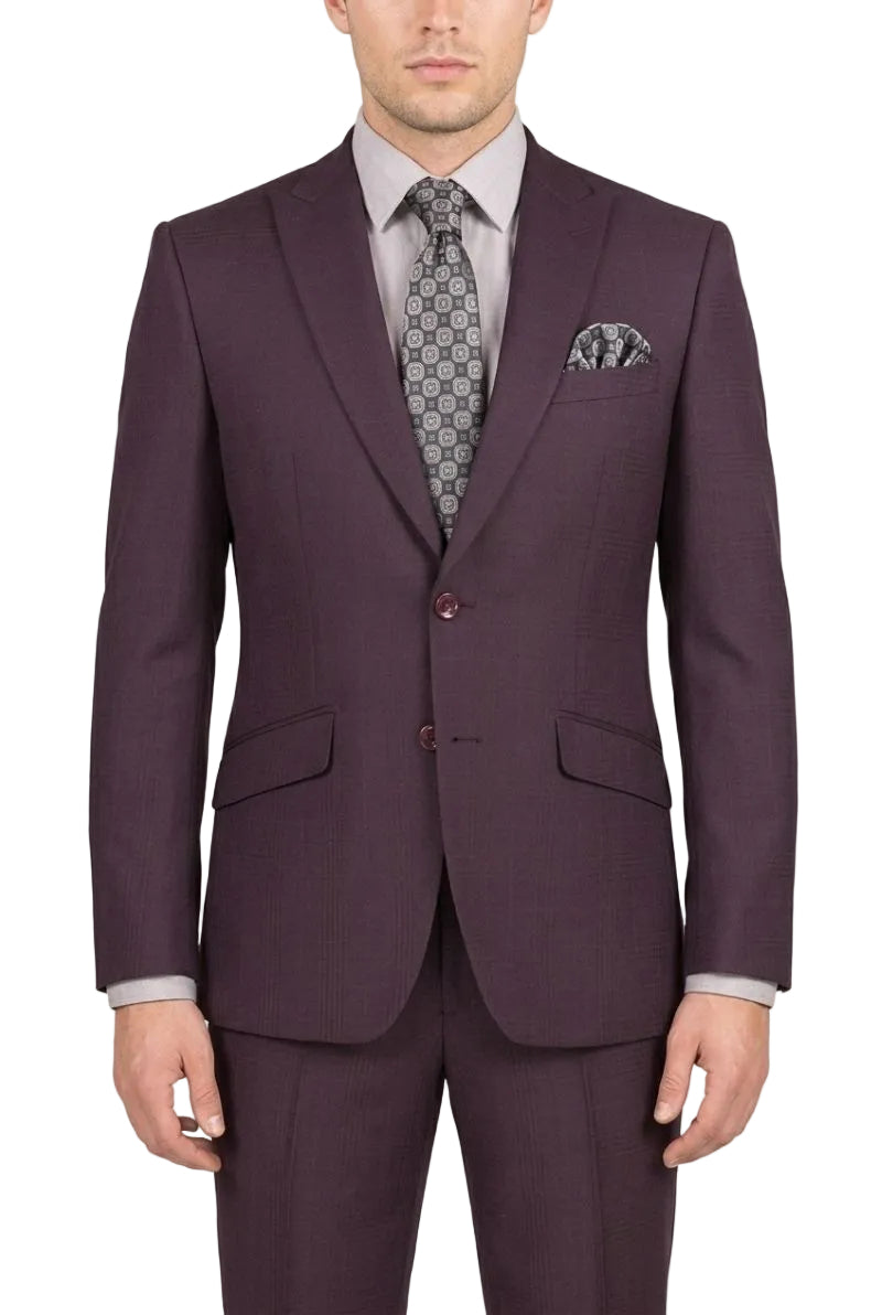 A man wearing a dark plum purple two-piece suit with a light gray patterned tie and matching pocket square, shown from the waist up against a plain white background.