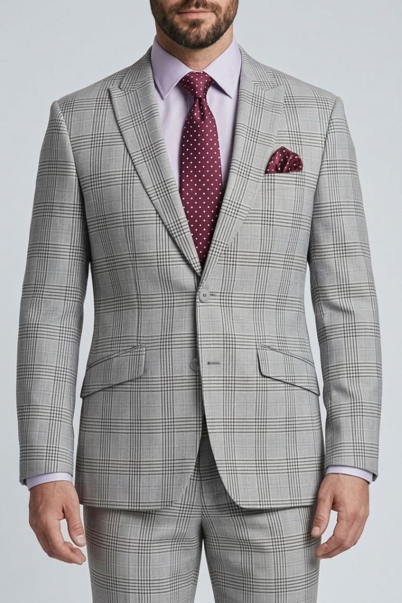 A man wearing a light gray and white windowpane plaid suit jacket with matching trousers, styled with a lavender dress shirt, a burgundy polka dot tie, and a matching pocket square.