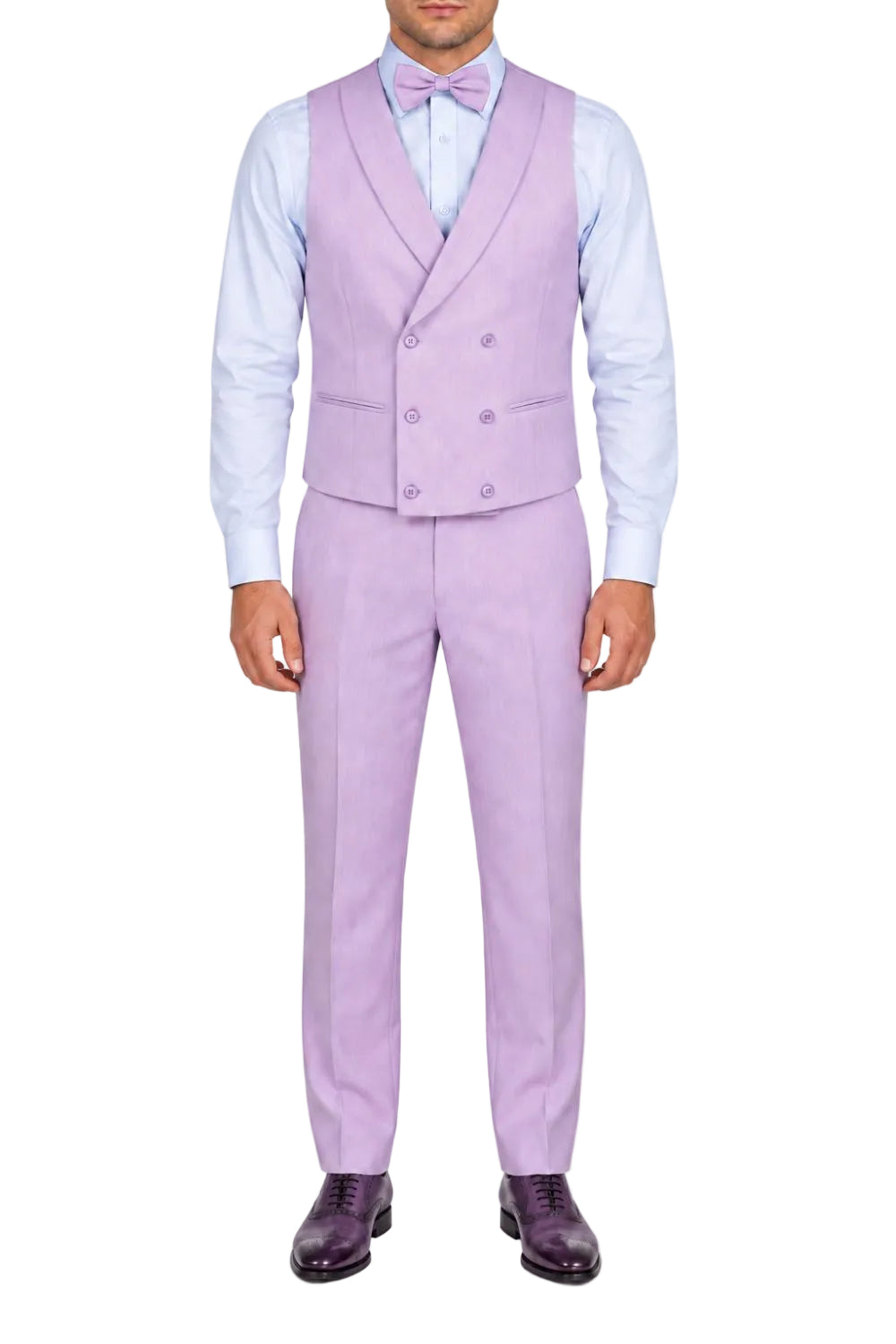A man modeling a lavender double-breasted suit with a matching vest and trousers, a light blue dress shirt, a matching bow tie, and dark purple leather dress shoes, against a plain white background.