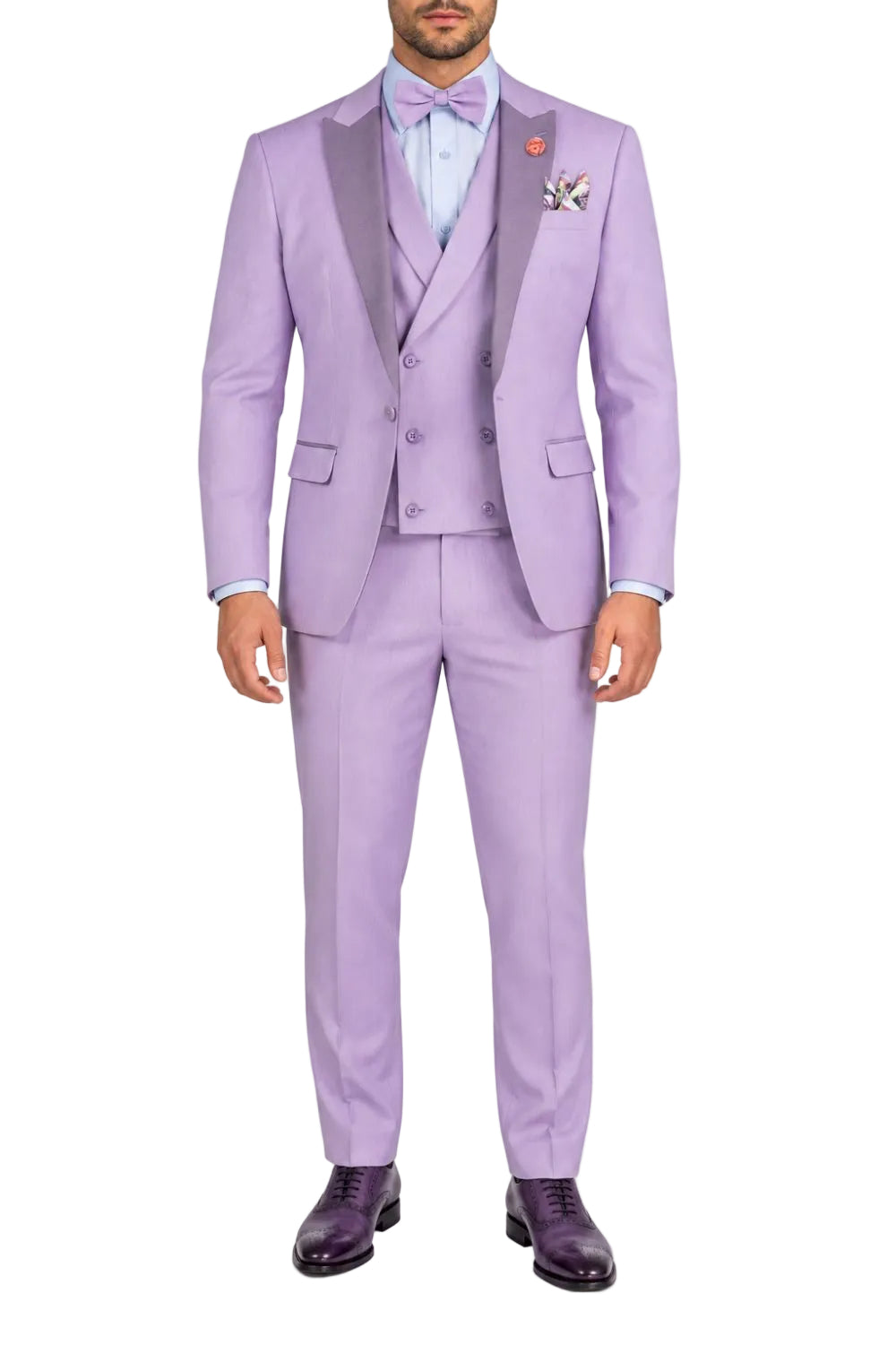 A man modeling a lavender purple three-piece suit with satin peak lapels, a matching vest, trousers, a light blue dress shirt, a purple bow tie, and dark purple oxford shoes on a white background.