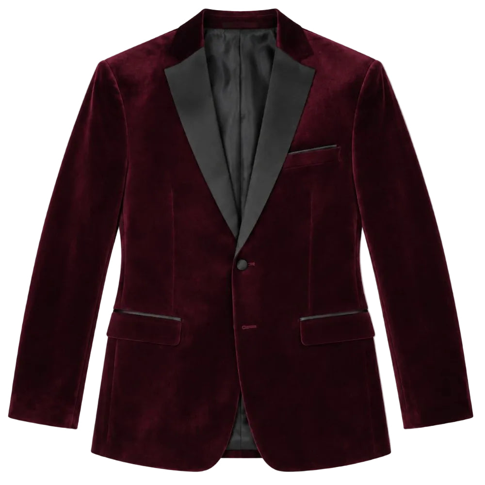 A men's velvet blazer in deep burgundy with contrasting black satin shawl lapels, a single button closure, and flap pockets, shown on a plain white background.