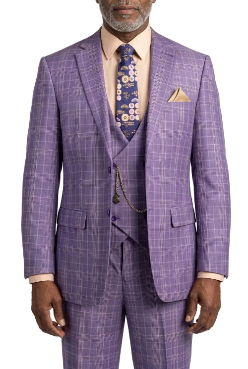 A man wearing a purple three-piece suit with a subtle windowpane check pattern, paired with a light pink shirt, a blue floral patterned tie, and a matching pocket square.