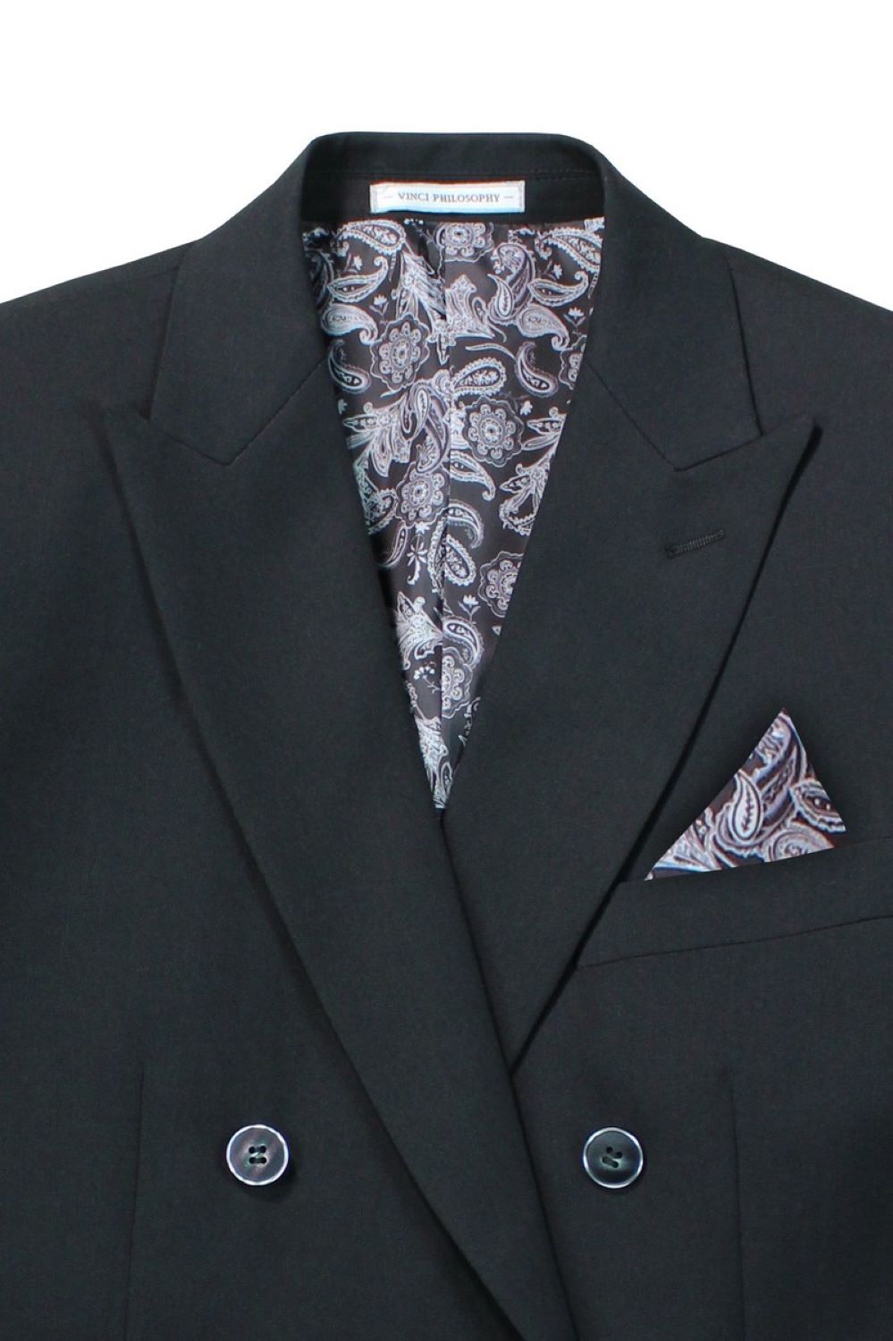 Close-up of a Vinci black slim fit double-breasted suit jacket lapel and tie, highlighting premium luxury.