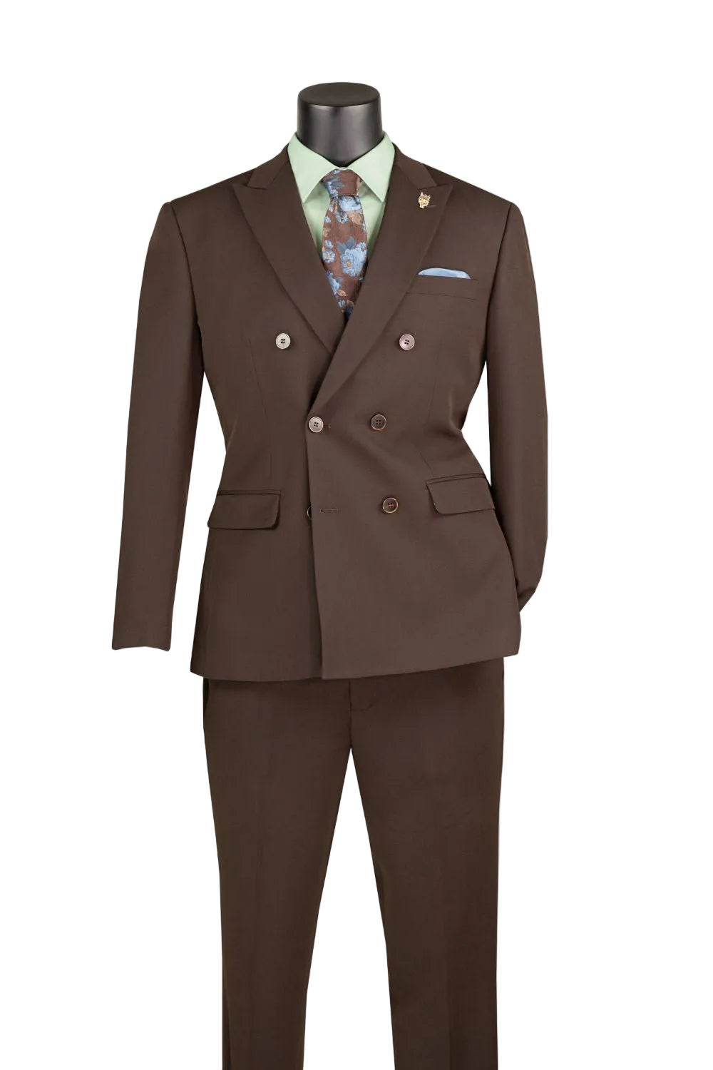 Brown Slim Fit Double Breasted 2 Piece Suit with Adjustable Waistband