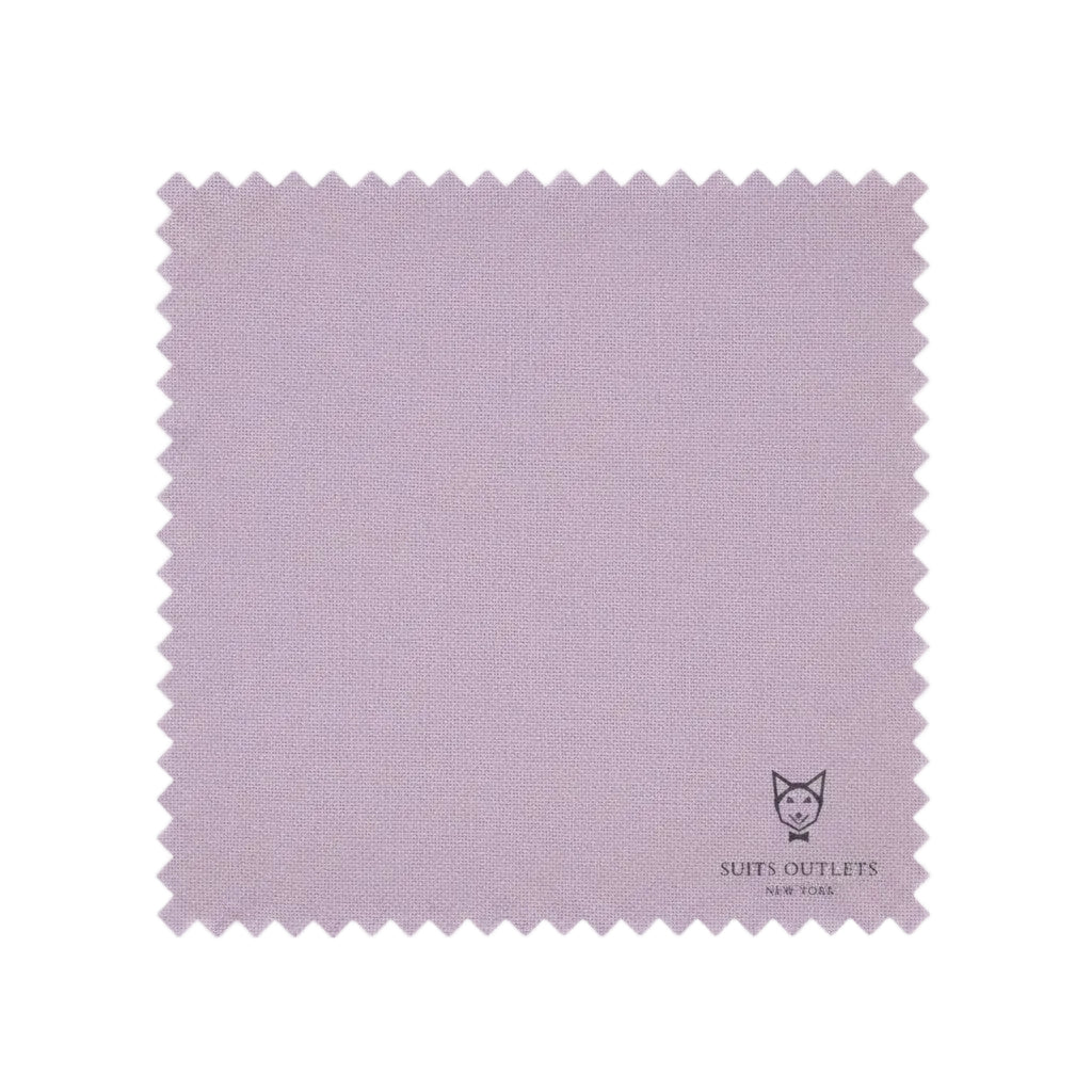 Sample of lavender fabric with 'Suits Outlets New York' logo on a white background