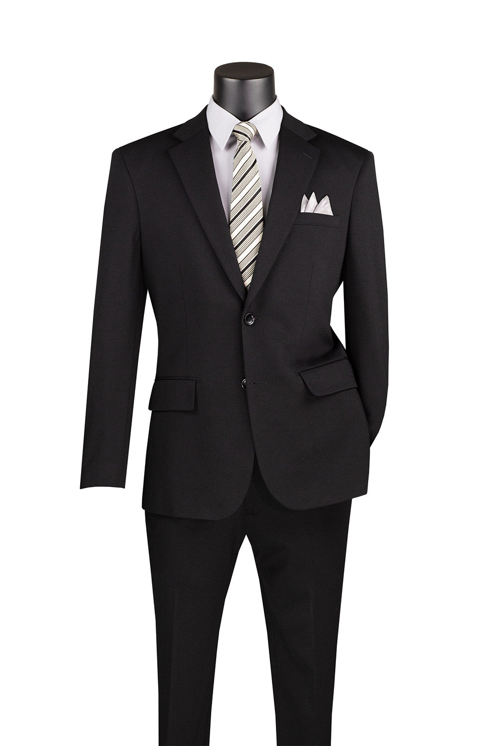 Detail of a premium black slim-fit suit, tie, and pants, showcasing stretch fabric and adjustable waistband.