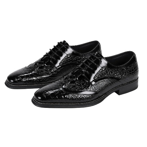 A pair of men's black lace-up dress shoes with a glossy crocodile-embossed patent leather toe cap and a textured leather upper, shown on a plain white background.