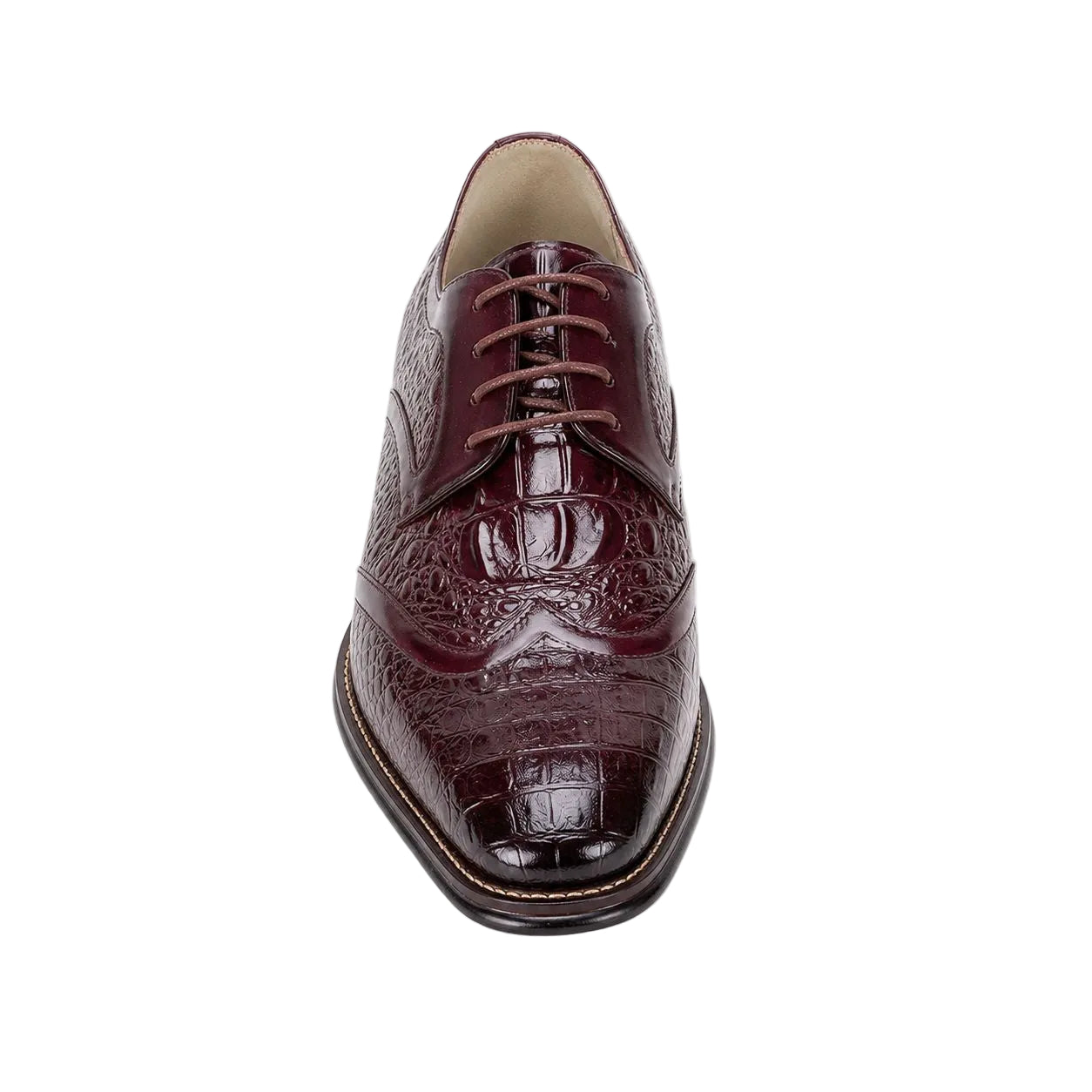 A single men's oxford dress shoe shown from a top-down view on a plain white background. The shoe features a glossy, embossed crocodile-patterned leather in a deep burgundy color with matching burgundy laces and a dark brown outsole.