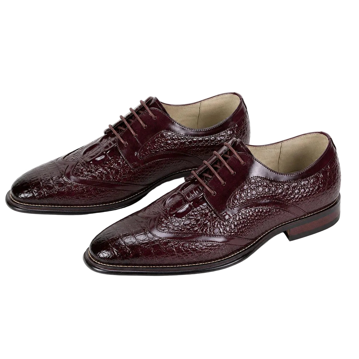 A pair of men's oxford dress shoes with a glossy crocodile-embossed leather finish in deep burgundy, shown on a clean white background.