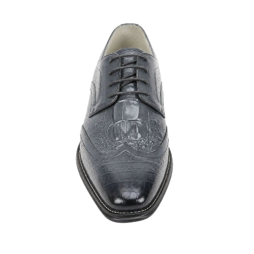 A single men's oxford dress shoe in dark charcoal gray crocodile-embossed leather, shown from a top-down perspective on a white background.