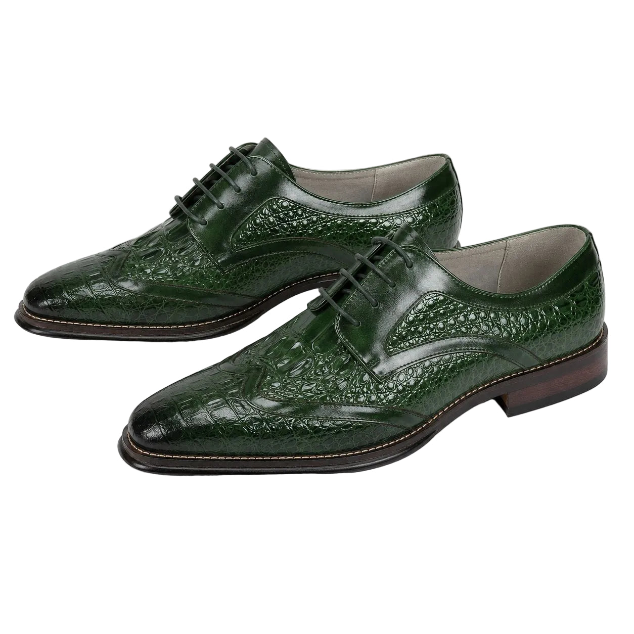 A pair of dark green brogue oxford shoes with a crocodile-embossed texture, shown on a clean white background.