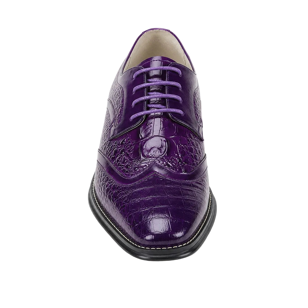 A single purple brogue oxford shoe with an embossed crocodile pattern, shown from a front-facing perspective on a white background.