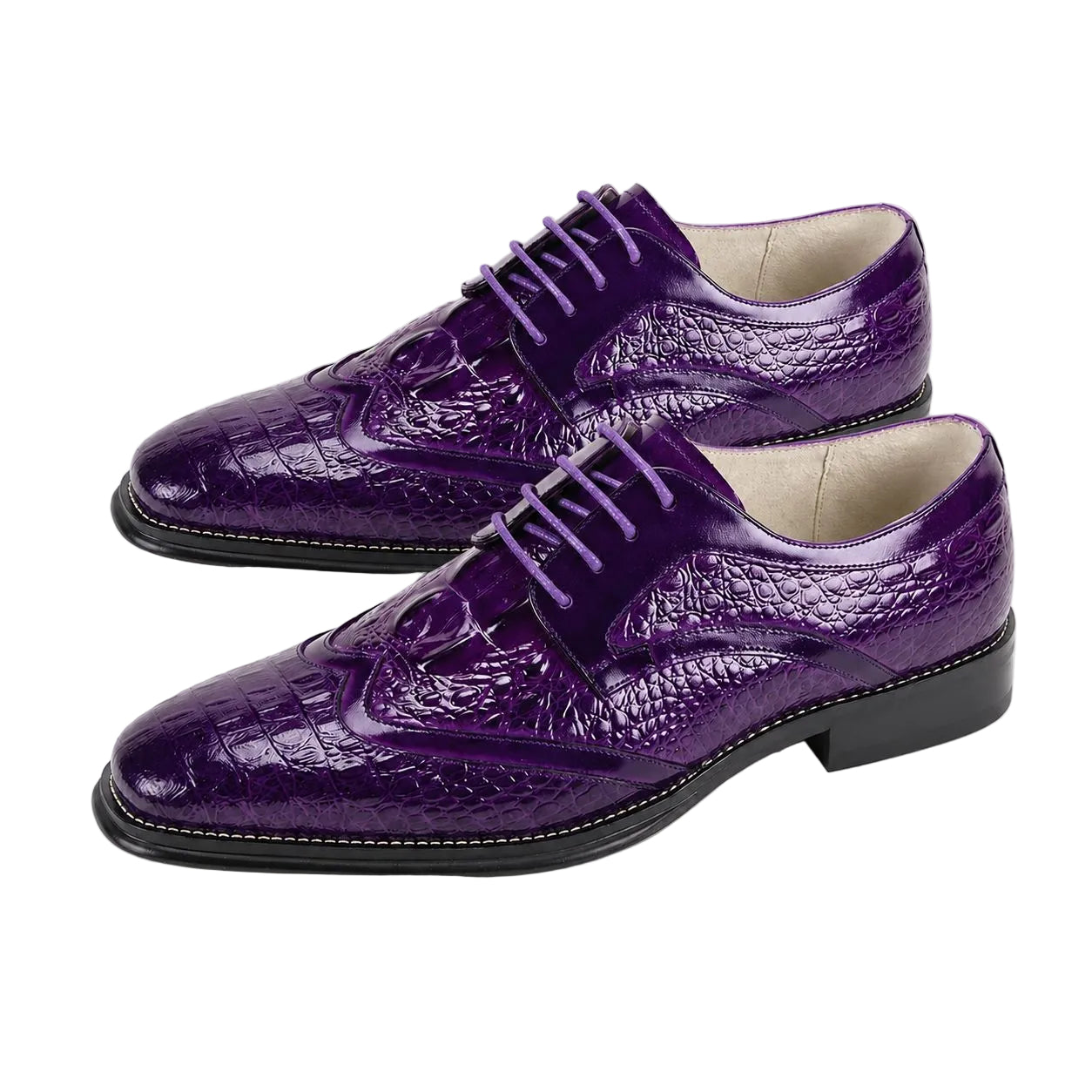 A pair of men's purple brogue oxford shoes with a glossy crocodile-embossed texture, shown on a clean white background.