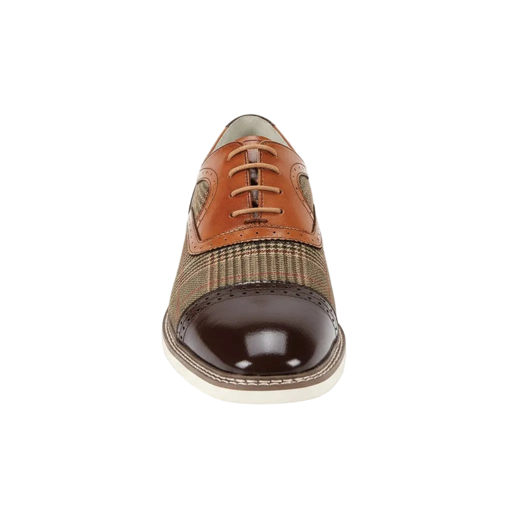 Brown and whiskey dress shoe on a white background
