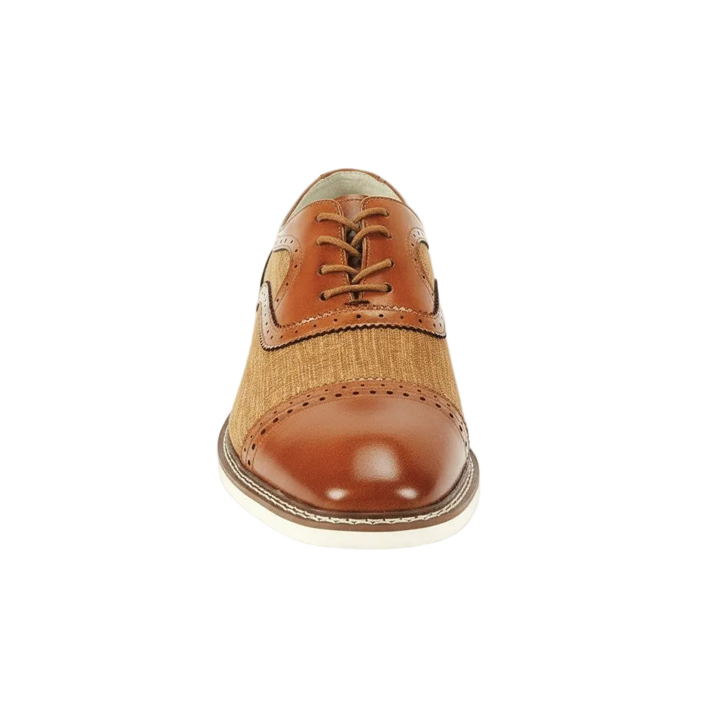 Maple brown leather shoe with a white sole on a white background