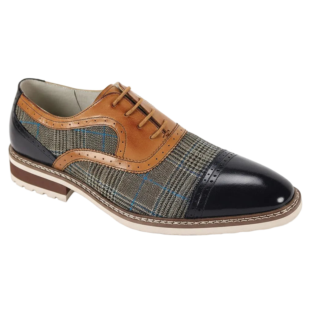 Navy Tan Plaid Cap-Toe Dress Shoes