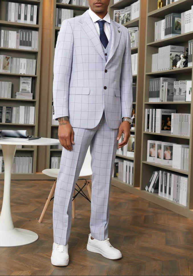 Stacy Adam 3 Piece Suit 2 Buttons Windowpane Hybrid Fit In Light Purple With Expandable Waist Band