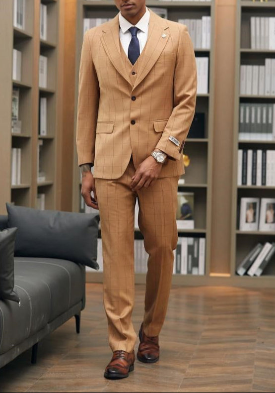 Stacy Adam 3 Piece Suit 2 Buttons Windowpane Hybrid Fit In Rust With Expandable Waist Band