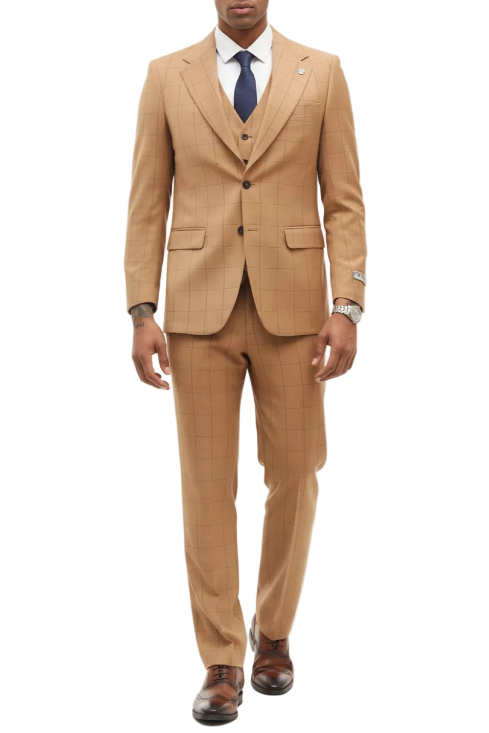 Stacy Adams - 3 Piece Suit 2 Buttons Windowpane Hybrid Fit In Rust