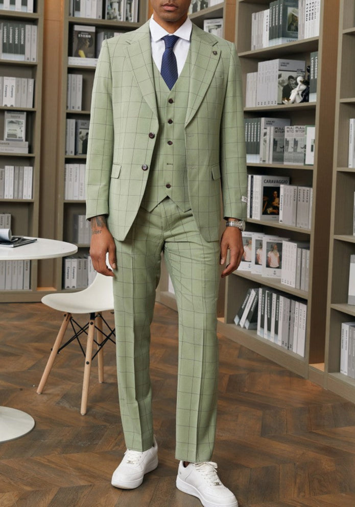 Stacy Adam 3 Piece Suit 2 Buttons Windowpane Hybrid Fit In Green With Expandable Waist Band