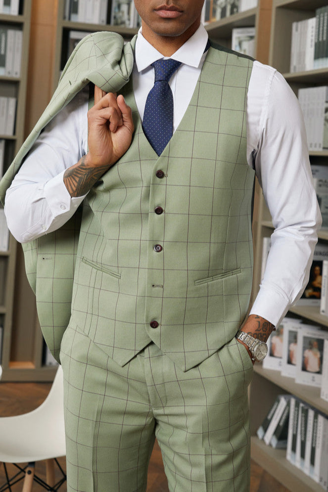 Stacy Adam 3 Piece Suit 2 Buttons Windowpane Hybrid Fit In Green With Expandable Waist Band