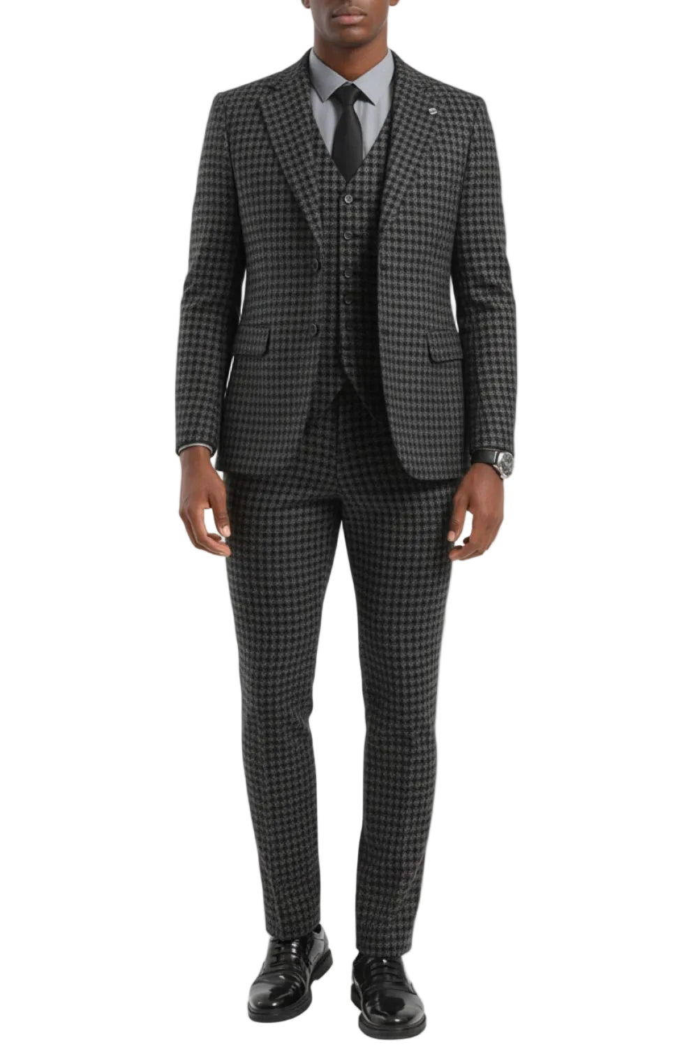Stacy Adams - Gray Houndstooth 3 Piece Hybrid Fit Suit With Expandable Waist Band