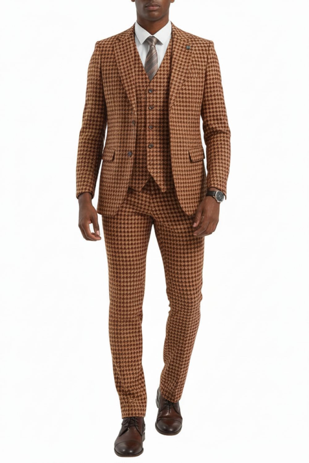 Man wearing a brown checkered suit on a white background
