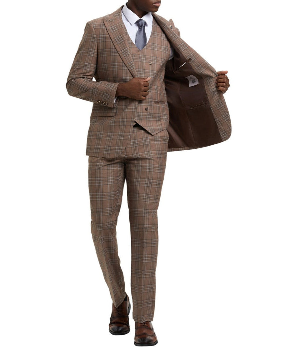 Brown 3 Piece 2 Button Plaid Peak Lapel Suit