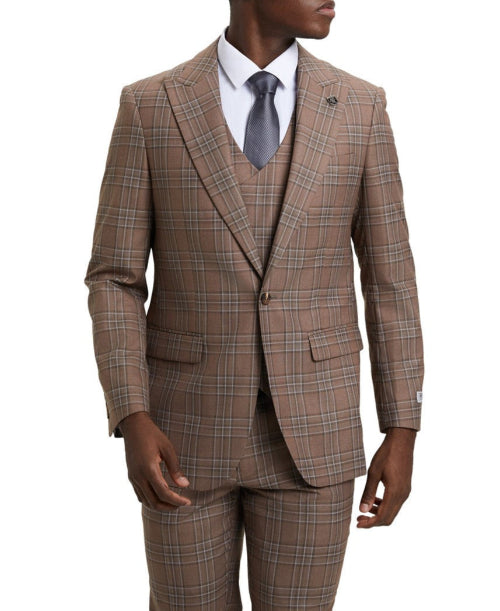 Brown men's three piece plaid peak lapel suit jacket with collar buttons and pockets