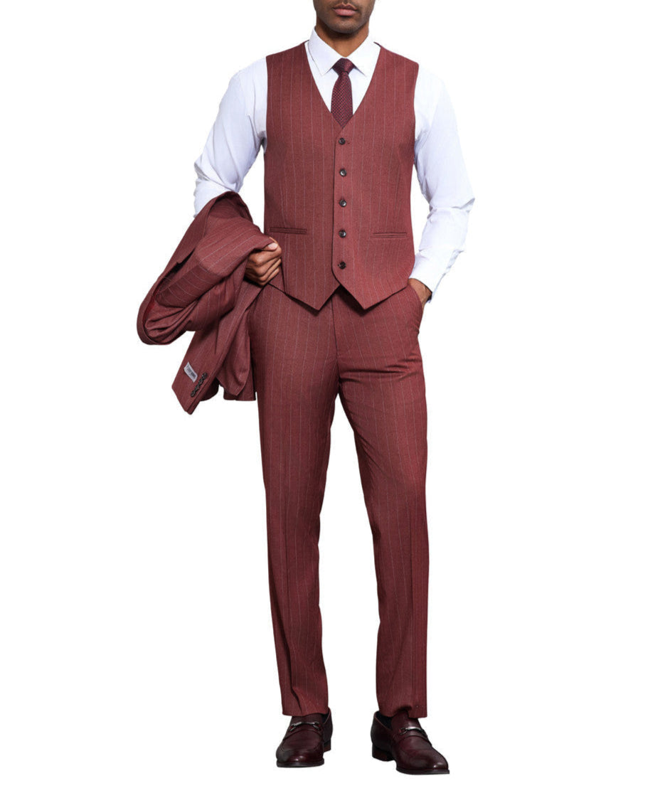 Pinstripe Stacy Adams 3 Piece Hybrid Fit 1 Button Suit worn with a dress shirt, showing collar, buttons, pocket, and shoes.