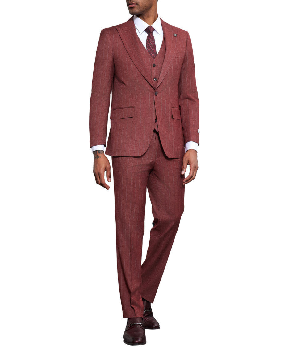 Close-up of the pinstripe collar on a Stacy Adams - 3 Piece Pinstripe Hybrid Fit 1 Button Suit, showing a button and pocket.