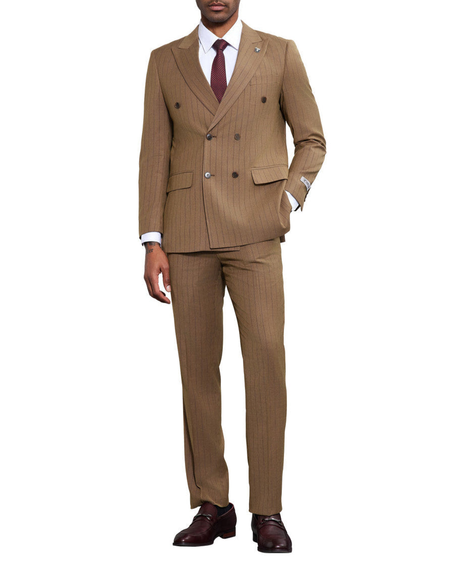 Close-up of a sophisticated Stacy Adams hybrid fit pinstripe double-breasted suit in warm brown, worn by a man, showing co...