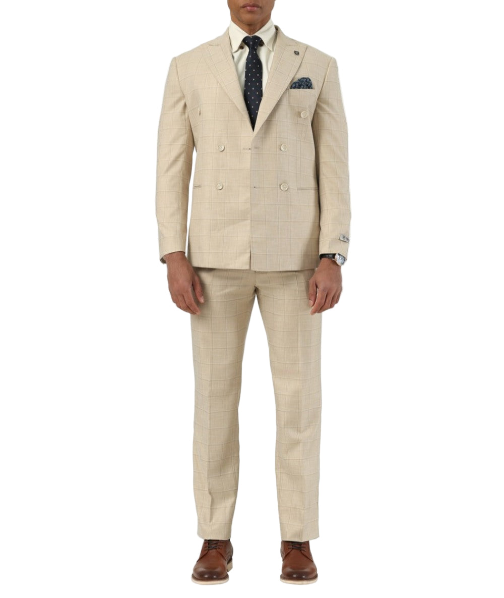 Stacy Adams - Beige 2 Piece Hybrid Fit Windowpane Double Breasted Suit