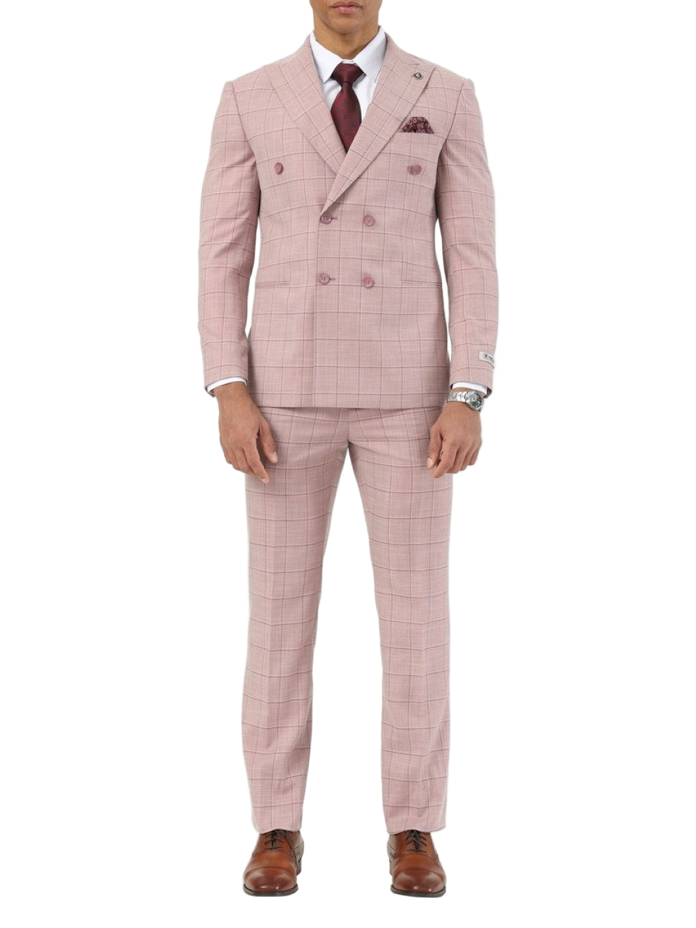 Stacy Adams - Pink 2 Piece Hybrid Fit Windowpane Double Breasted Suit