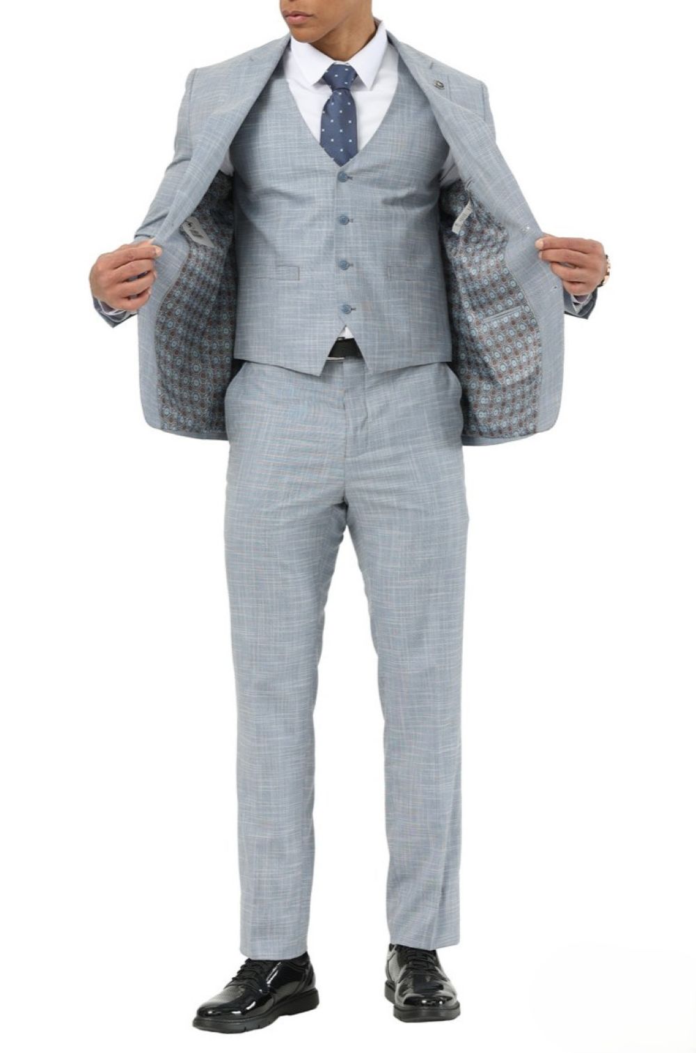 Stacy Adams - 3 Piece Hybrid Fit Notch Lapel Suit in Light Blue solid jacket, showing tie, collar, buttons, and pockets.