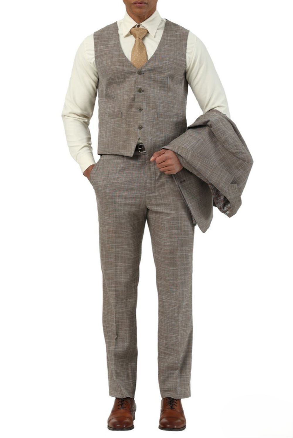 Stacy Adams - 3 Piece Hybrid Fit Notch Lapel Suit in Light Brown solid blazer showing collar, buttons, pockets, and a tie.