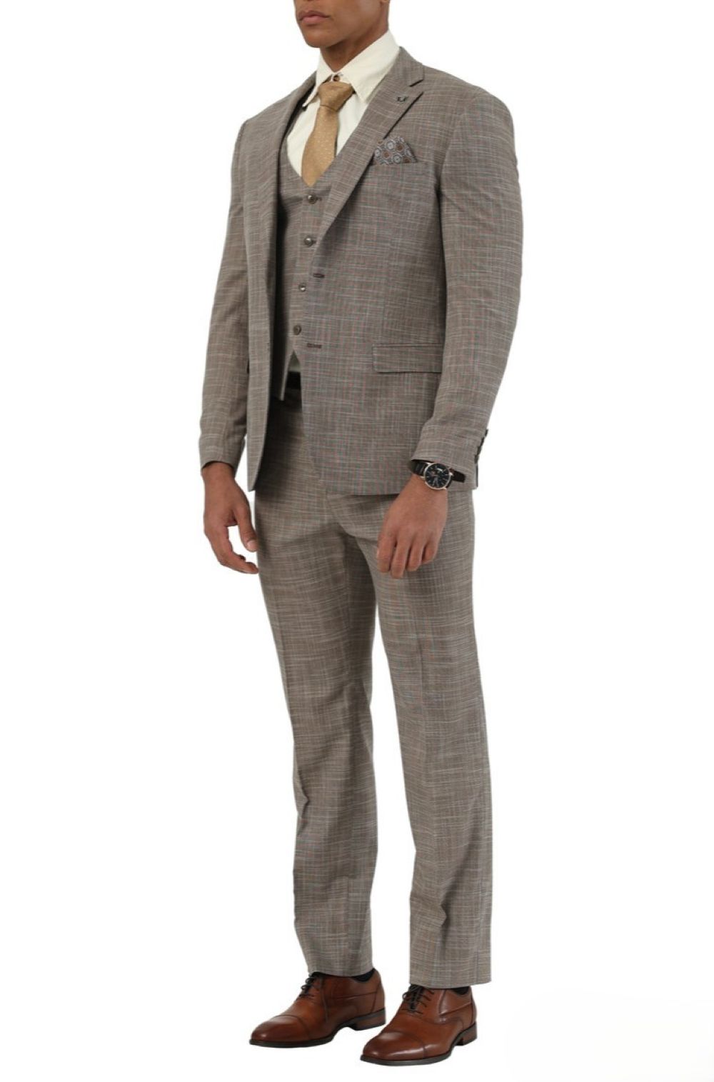 Solid light brown Stacy Adams 3 Piece Hybrid Fit Notch Lapel Suit jacket, showing collar, buttons, pockets, and shoes.