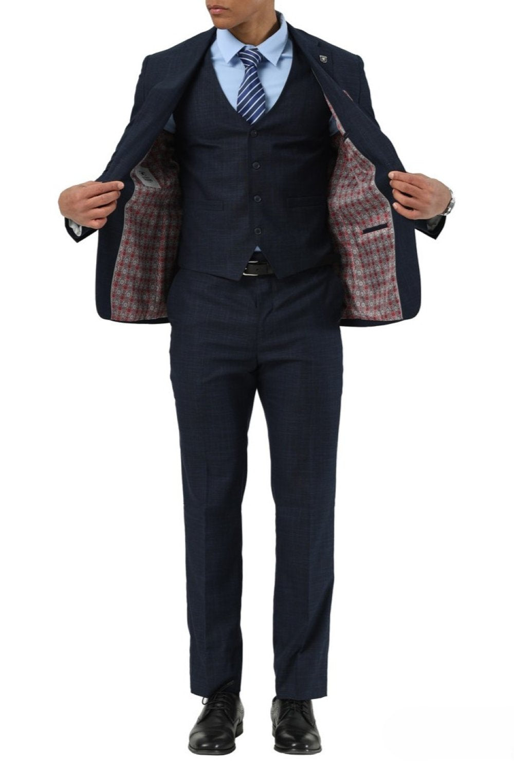 Checkered Stacy Adams Navy suit jacket with notch lapel, tie, collar, buttons, sleeve, pocket on white background.